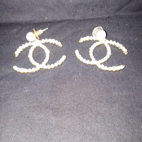 Gold and White Faux CC Logo  Earrings - Picture 1 of 3